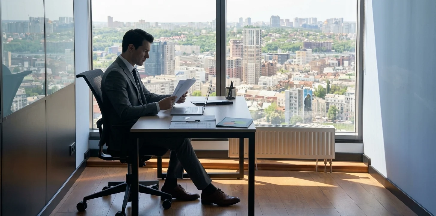 An agent at his desk reviewing plan documents, city skyline behind him