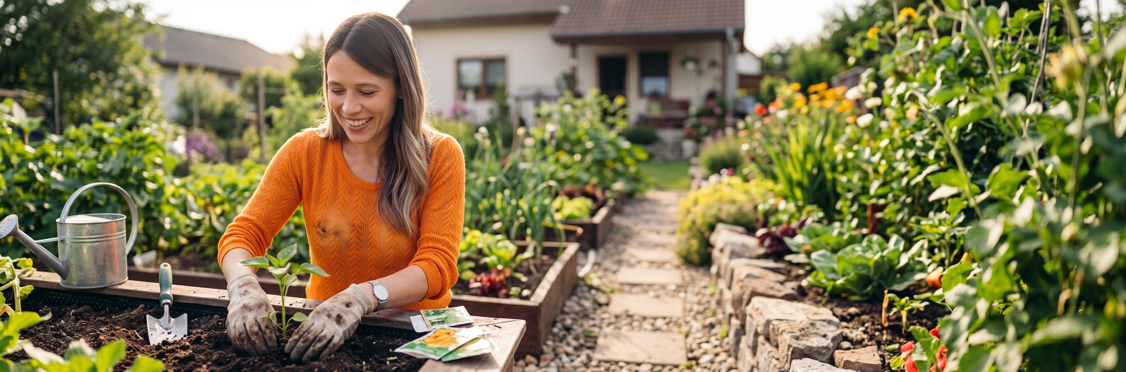 Woman in an orange sweater planting seedlings in her backyard raised garden bed