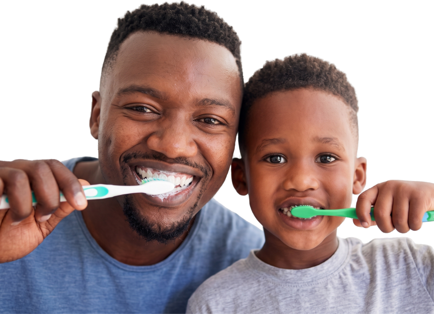 Father and son brushing their teeth together
