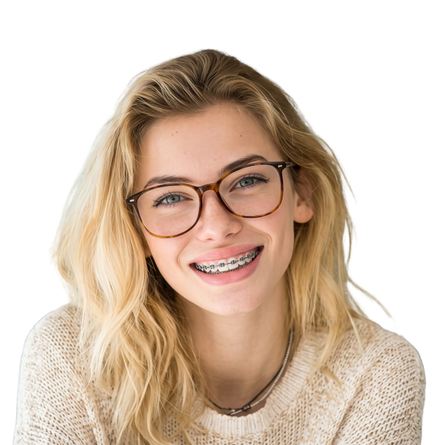 Smiling young woman with braces and glasses