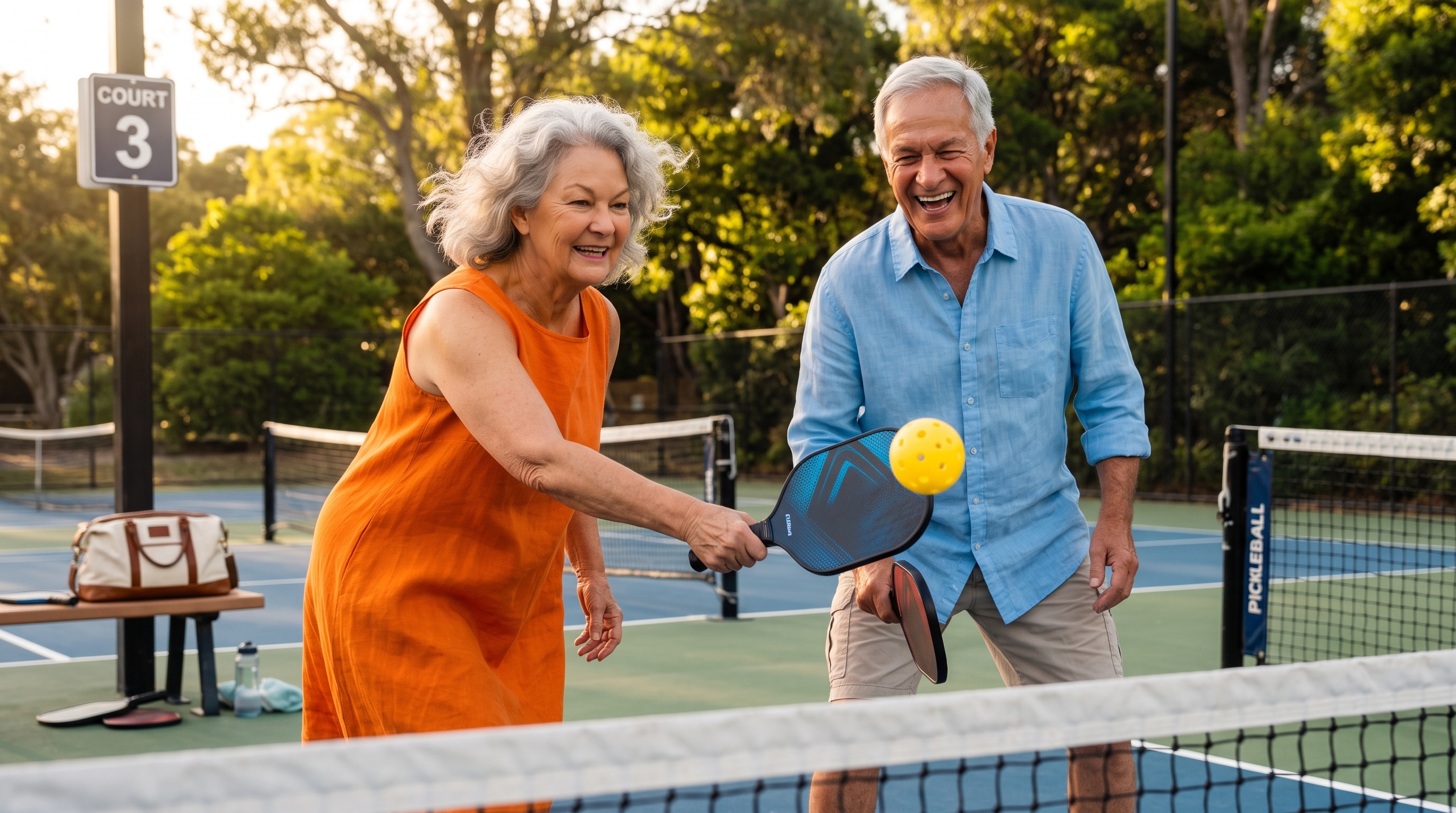 Older couple laughing mid-rally on a pickleball court