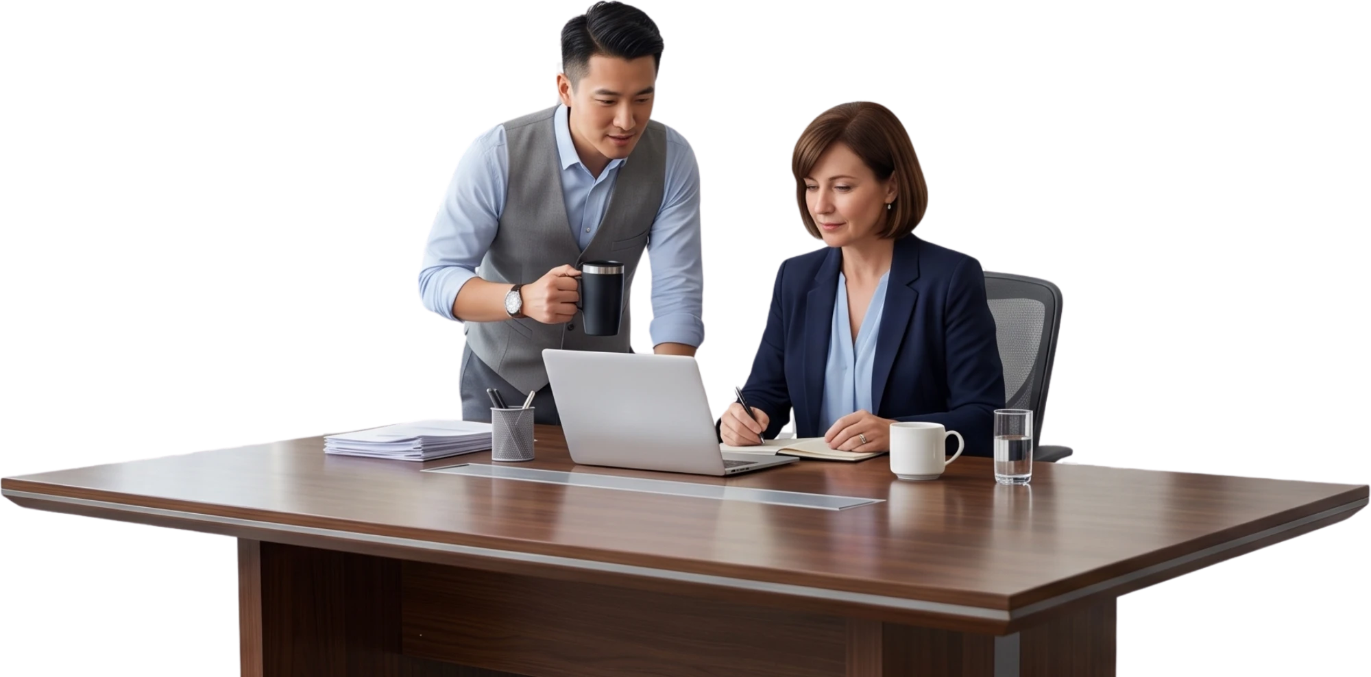 A licensed agent standing beside a business owner at her desk, reviewing group plan options on a laptop