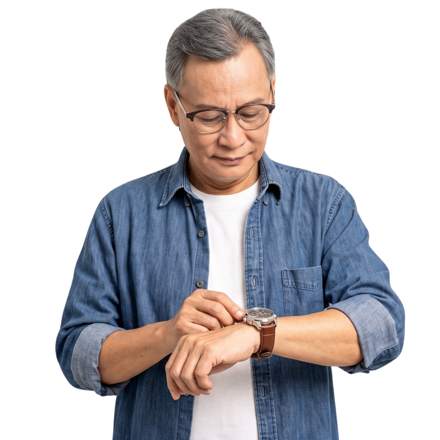 Man in a denim shirt checking his watch